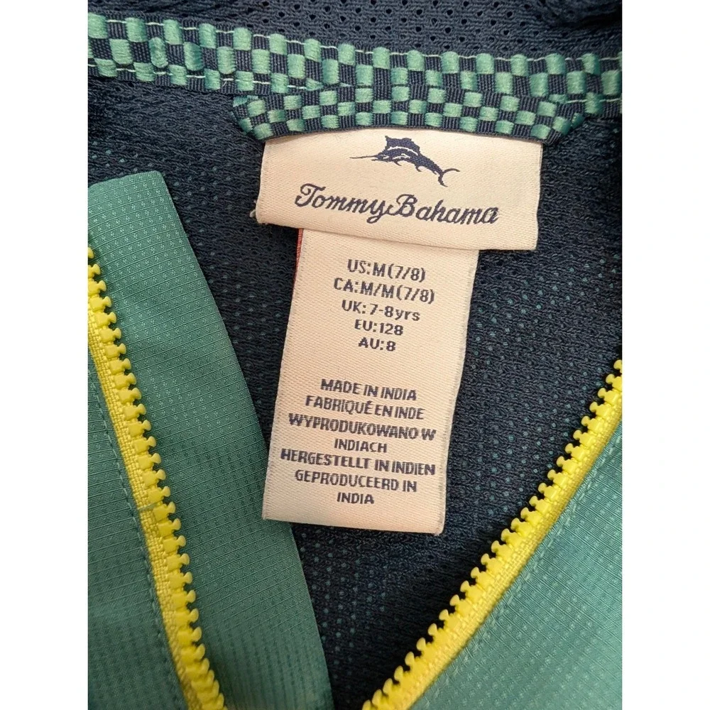 Tommy Bahama Boys Windbreaker Colorblock Hooded Jacket Size M 7/8 Navy Teal